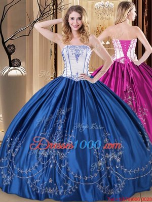 Custom Fit Sleeveless Taffeta Floor Length Lace Up Quinceanera Dress in Royal Blue for with Embroidery