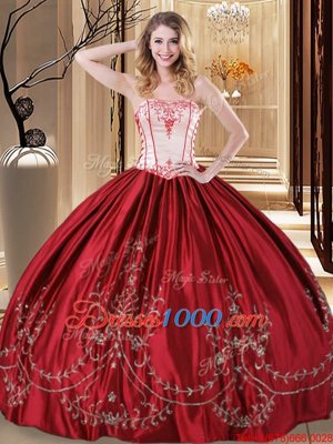 Designer Wine Red Lace Up Strapless Embroidery 15 Quinceanera Dress Taffeta Sleeveless