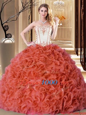Low Price Floor Length Rust Red Vestidos de Quinceanera Fabric With Rolling Flowers Sleeveless Embroidery and Ruffles