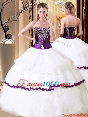 Deluxe White Organza Lace Up Strapless Sleeveless Floor Length 15th Birthday Dress Beading
