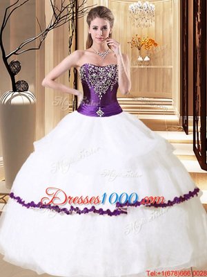 Deluxe White Organza Lace Up Strapless Sleeveless Floor Length 15th Birthday Dress Beading