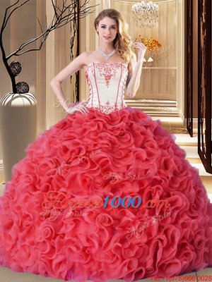 Custom Designed Coral Red Fabric With Rolling Flowers Lace Up Strapless Sleeveless Floor Length Quinceanera Dress Embroidery and Ruffles