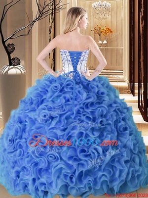 Custom Designed Coral Red Fabric With Rolling Flowers Lace Up Strapless Sleeveless Floor Length Quinceanera Dress Embroidery and Ruffles