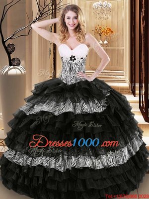Affordable Printed Ruffled Floor Length Ball Gowns Sleeveless Black Quince Ball Gowns Lace Up