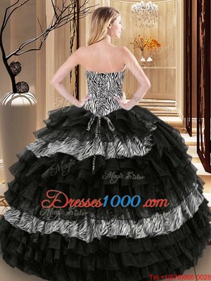 Affordable Printed Ruffled Floor Length Ball Gowns Sleeveless Black Quince Ball Gowns Lace Up
