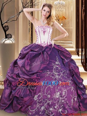 Purple Taffeta Lace Up Strapless Sleeveless Floor Length Quinceanera Dresses Embroidery