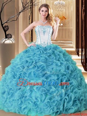 Super Sleeveless Floor Length Embroidery and Ruffles Lace Up Quinceanera Gown with Aqua Blue