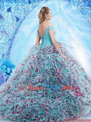 Adorable Multi-color Off The Shoulder Neckline Beading and Appliques and Ruffles 15 Quinceanera Dress Sleeveless Backless