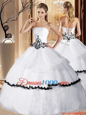 Stylish White Organza Lace Up Strapless Sleeveless Floor Length Quinceanera Gowns Appliques and Ruffled Layers