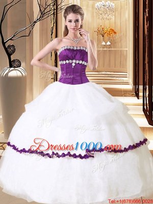 Traditional White Ball Gowns Strapless Sleeveless Organza Floor Length Lace Up Beading and Embroidery and Ruffled Layers 15 Quinceanera Dress