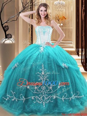 Romantic Tulle Sleeveless Floor Length 15th Birthday Dress and Embroidery
