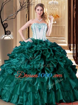 Ruffled Floor Length Turquoise Sweet 16 Dress Strapless Sleeveless Lace Up