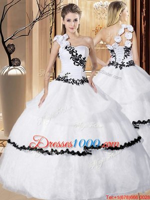 One Shoulder Sleeveless Floor Length Appliques and Hand Made Flower Lace Up Vestidos de Quinceanera with White