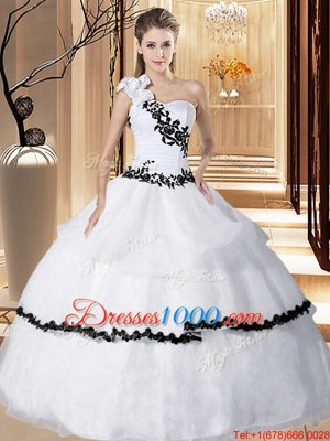 One Shoulder Sleeveless Floor Length Appliques and Hand Made Flower Lace Up Vestidos de Quinceanera with White