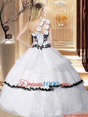 One Shoulder Sleeveless Floor Length Appliques and Hand Made Flower Lace Up Vestidos de Quinceanera with White