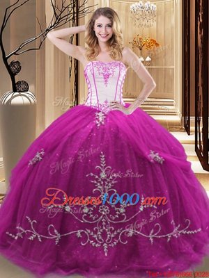 Fuchsia Ball Gowns Strapless Sleeveless Tulle Floor Length Lace Up Embroidery Sweet 16 Dress