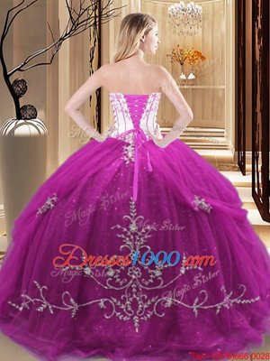 Fuchsia Ball Gowns Strapless Sleeveless Tulle Floor Length Lace Up Embroidery Sweet 16 Dress