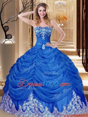 Sleeveless Floor Length Appliques and Pick Ups Lace Up 15 Quinceanera Dress with Royal Blue