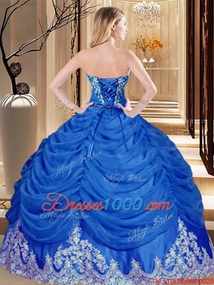 Sleeveless Floor Length Appliques and Pick Ups Lace Up 15 Quinceanera Dress with Royal Blue