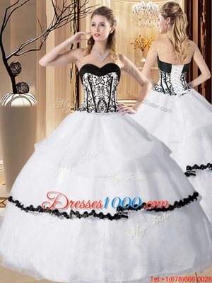White Ball Gowns Sweetheart Sleeveless Organza Floor Length Lace Up Embroidery and Ruffled Layers 15th Birthday Dress