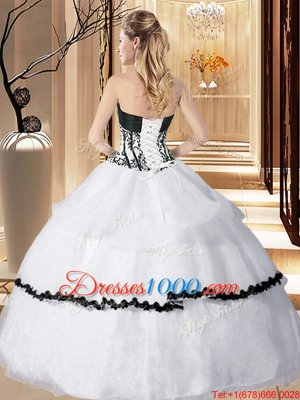 White Ball Gowns Sweetheart Sleeveless Organza Floor Length Lace Up Embroidery and Ruffled Layers 15th Birthday Dress