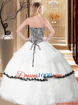 Spectacular Floor Length White 15th Birthday Dress Organza Sleeveless Ruffled Layers and Pattern