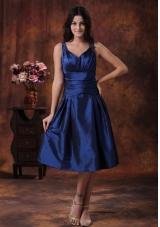 Tea-length Royal Blue Bridesmaid Dress With V-neck