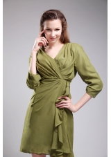 3/4 Sleeves Olive Green V-neck Mini-length Bridesmaid Dress