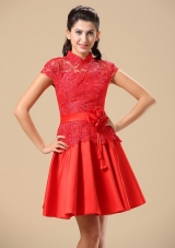 Cap Sleeves Lace High-neck Red Mother Of The Bride Dress