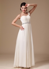 One Shoulder Beaded White Prom Gowns Handmade Flowers