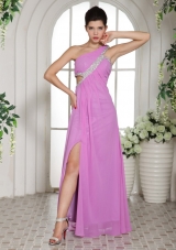 One Shoulder Slit Lavender Prom Celebrity Dress beaded