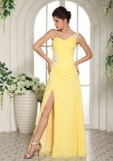 One Shoulder Prom Dress Yellow High Split Appliques