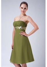 Olive Green Strapless Bridesmaid Dress Chiffon Knee-length