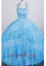Halter Top Sky Blue Pageant Dress for Teens Tulle Layer