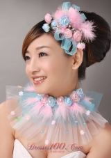 Pink Feather and Blue Net Flower Tiara Headpiece