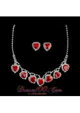 Red Sweetheart Shaped Rhinestones Necklace and Earring