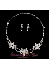 Flower Shaped Rhinestone Wedding Necklace and Earrings