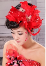 Feather With Beading Taffeta Red Bow For Headpieces