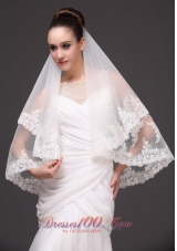 Two Layers Drop Bridal Veils Lace Applique Edge