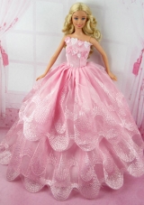 Romantic Pink Embroidery Dress For Barbie Doll Strapless