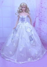 White Gown With Embroidery Sequins Barbie Doll Dress