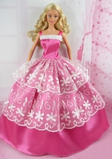 Straps Pink And White Barbie Doll Dress Embroidery