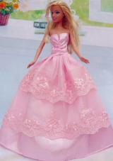 Embroidery Floor-length Rose Pink For Princess Barbie Doll Dress