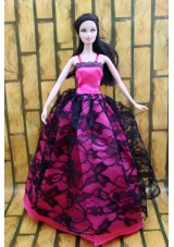 Hot pink and Black Lace Gown For Barbie Doll