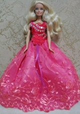 Hot Pink Ball Gown Appliques Clothes for Noble Barbie