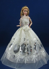 White Sequins Appliques Barbie Doll Dress
