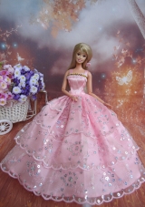 Pink Sequin Ruffled Gown For Barbie Doll