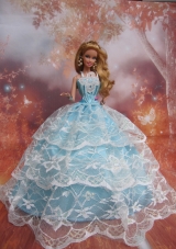 Light Blu Straps Lace Barbie Doll Dress for Quince