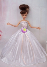 White Hand Made Flower Ball Gown taffeta Barbie Doll Dress