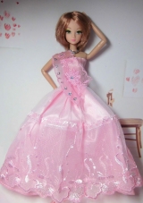Baby Pink Tulle Dress for Barbie Doll Applique Ball Gown